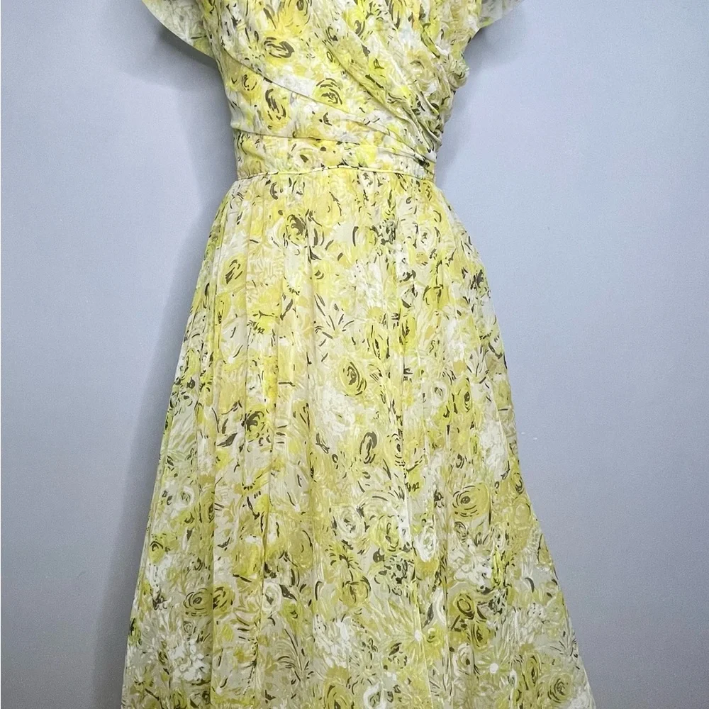 EMMA DOMB Vintage 1950’s Floral Print Off Shoulder Chiffon Gown Maxi Dress - Picture 8 of 11
